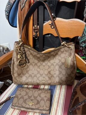 Coach Brown Signature Canvas Shoulder Bag with Matching Wallet